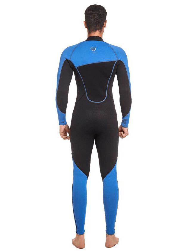 Back view of men's blue and black 3MM neoprene front zipper wetsuit with patchwork design, ideal for thermal diving and swimming.